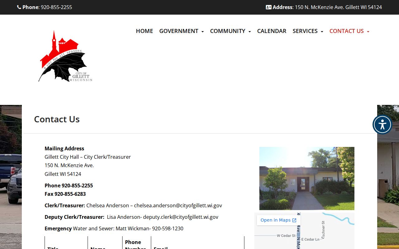 Gillett City Hall contact page for police and criminal records