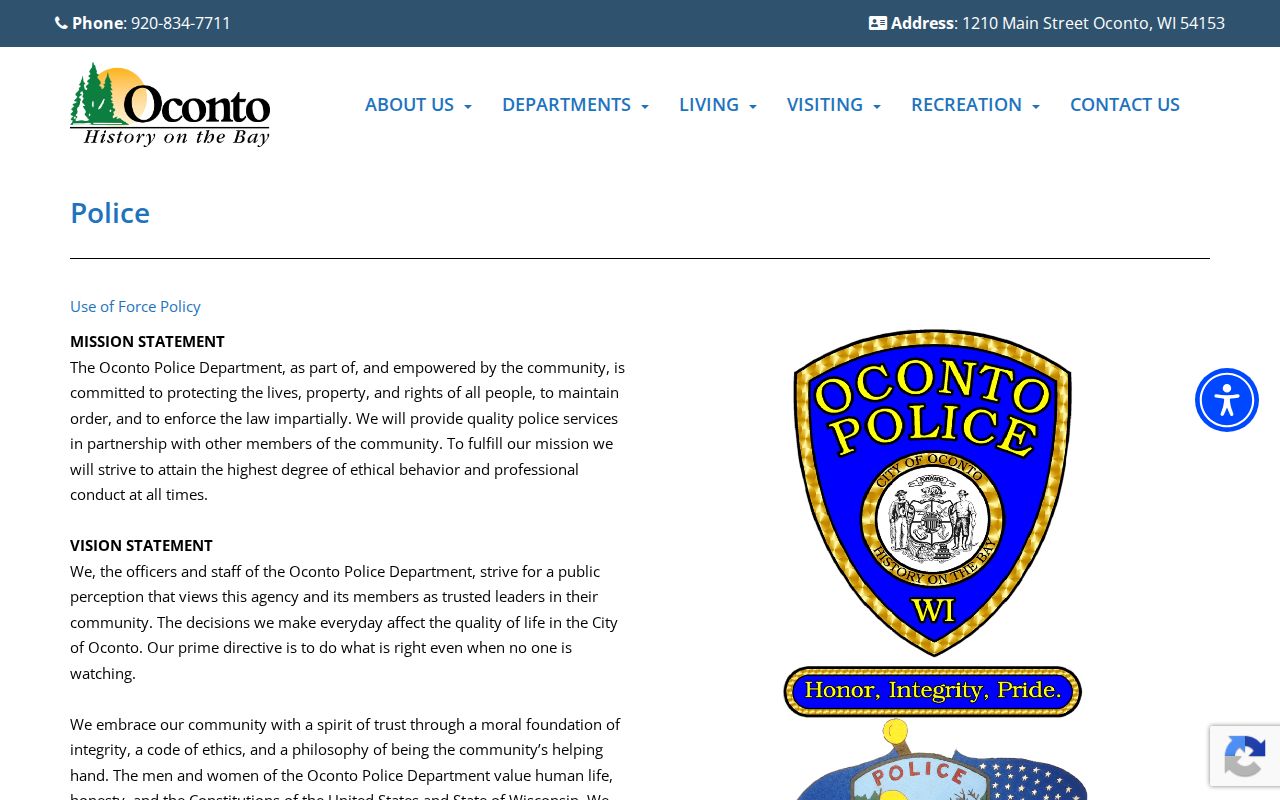 Oconto Police Department page for Oconto criminal history requests