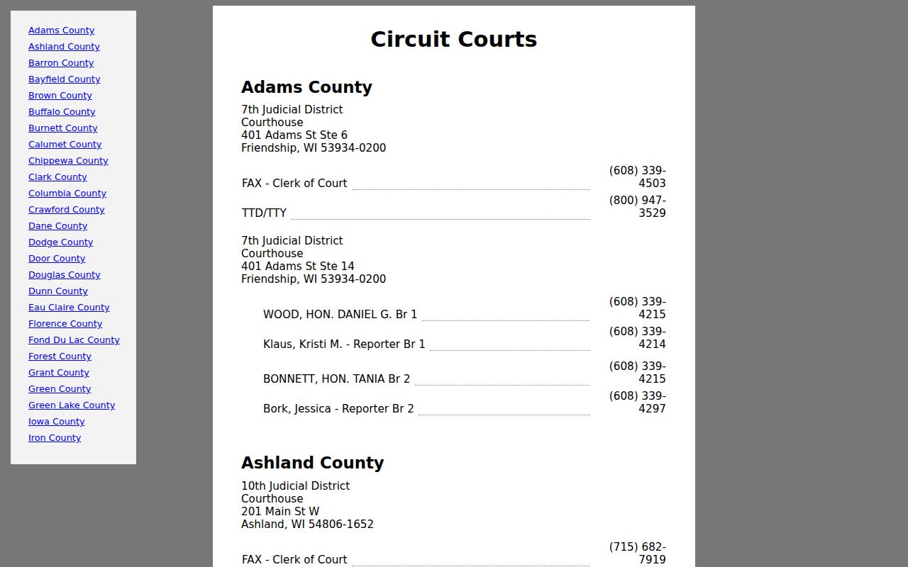 Oconto County criminal court branch directory