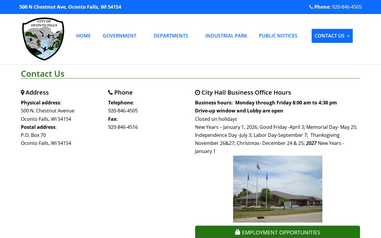 Oconto Falls City Hall contact page for local criminal records