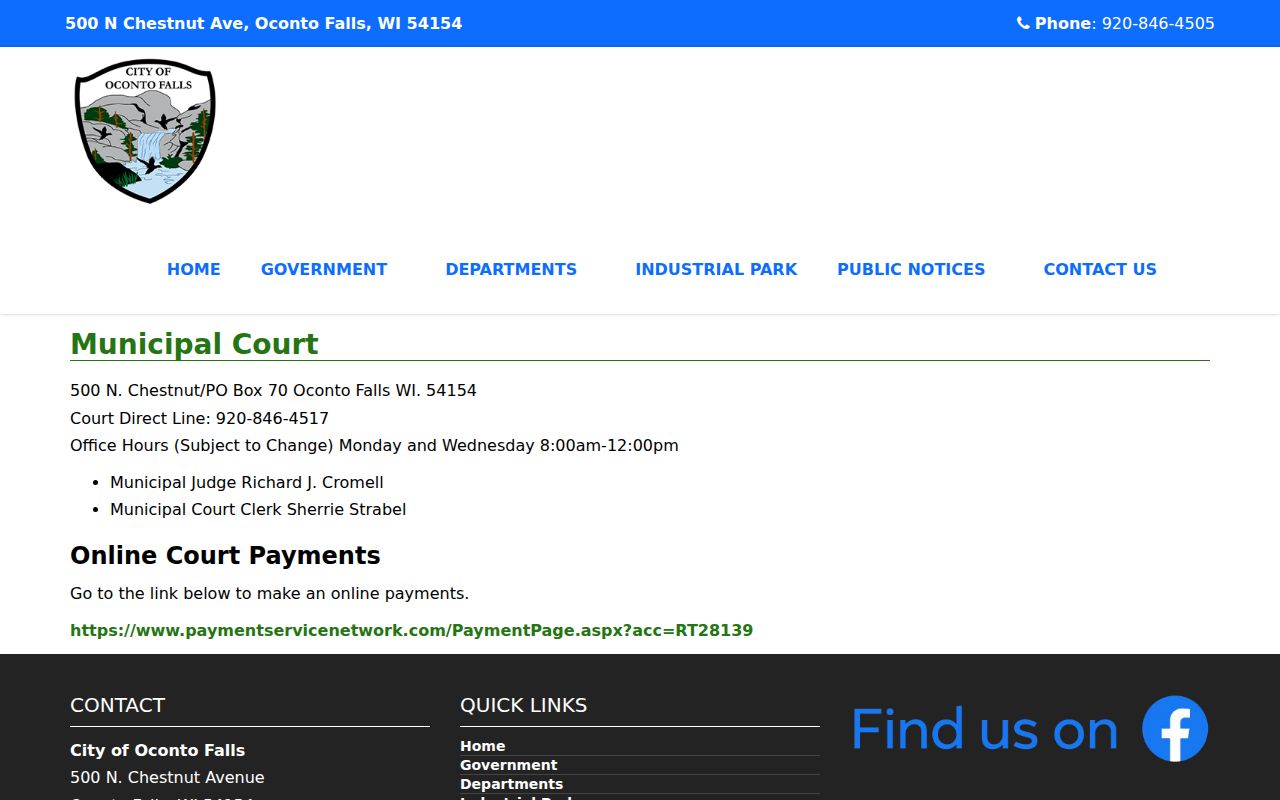 Oconto Falls Municipal Court record and payment information