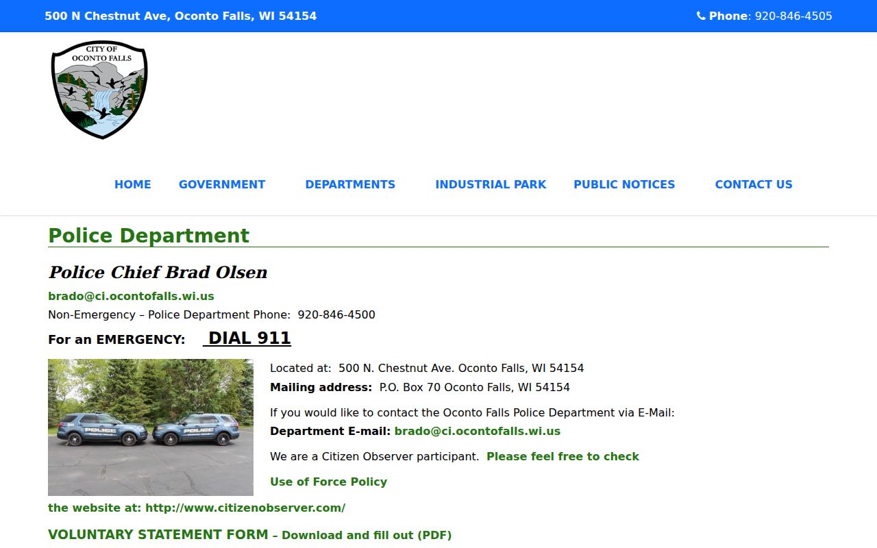 Oconto Falls Police Department page for criminal and incident records
