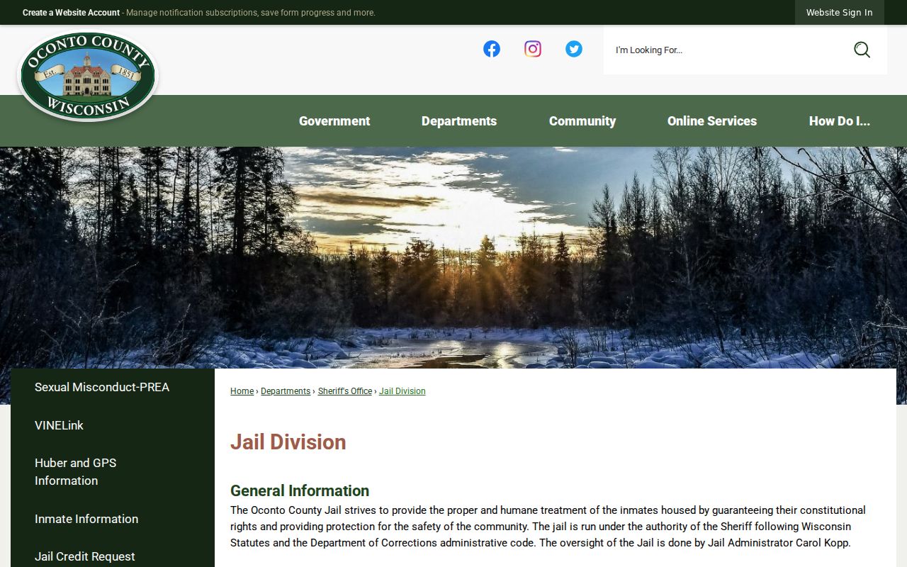 Oconto County criminal booking records and Jail Division information
