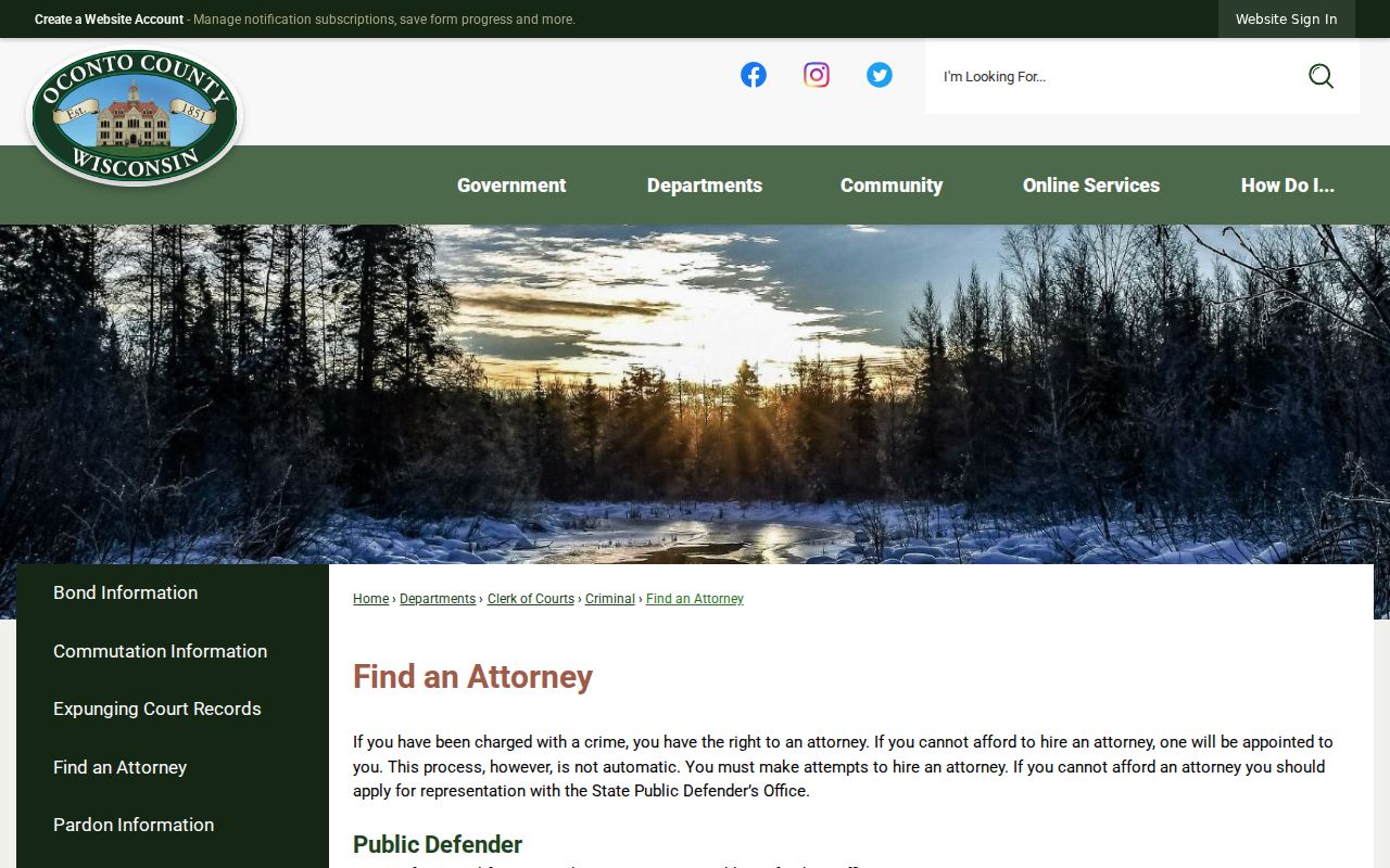 Oconto County criminal case public defender and court appointed counsel information