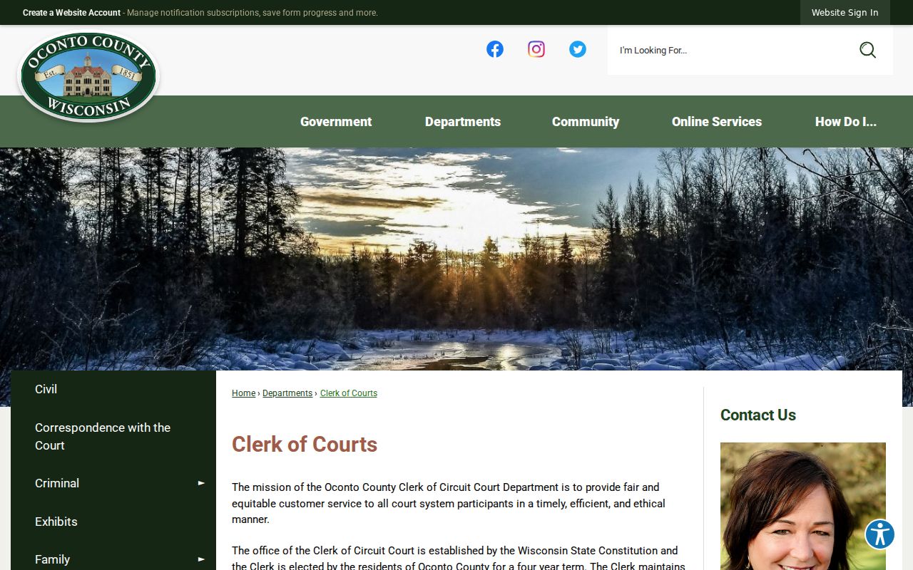 Oconto County criminal court record access at the Clerk of Courts page