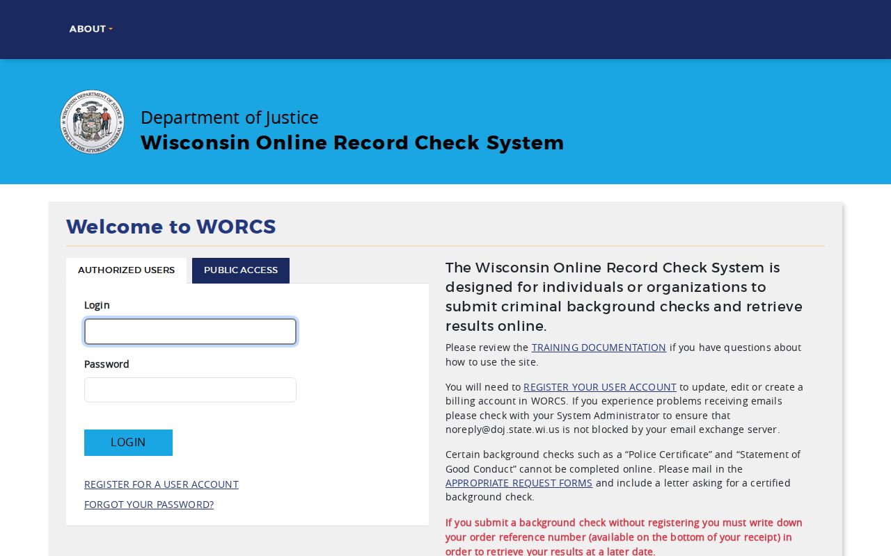 Oconto County criminal history search through the Wisconsin WORCS portal