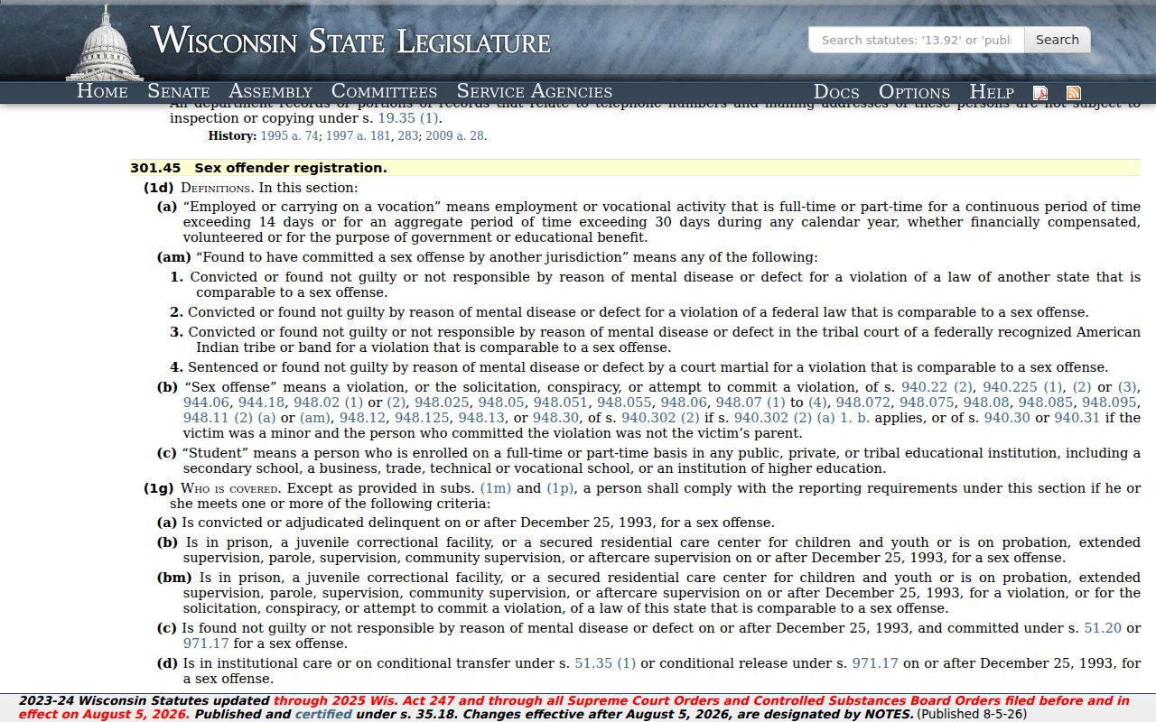Wisconsin statute governing Oconto County sex offender registration